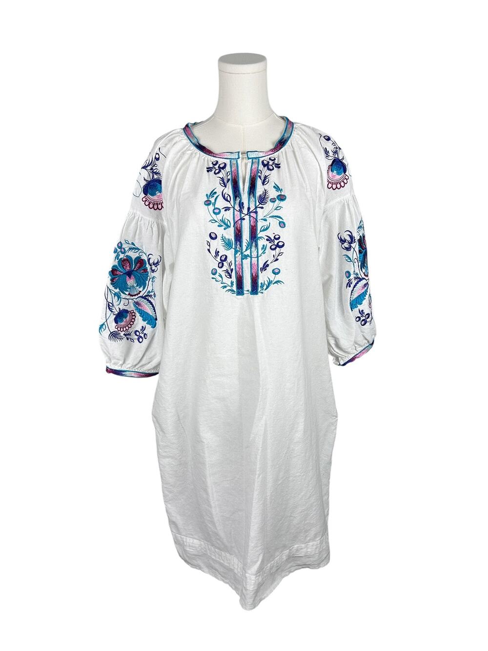 White Linen Cotton Blend Multicolored Embroidered Puff Sleeve Oaxaca Midi Dress